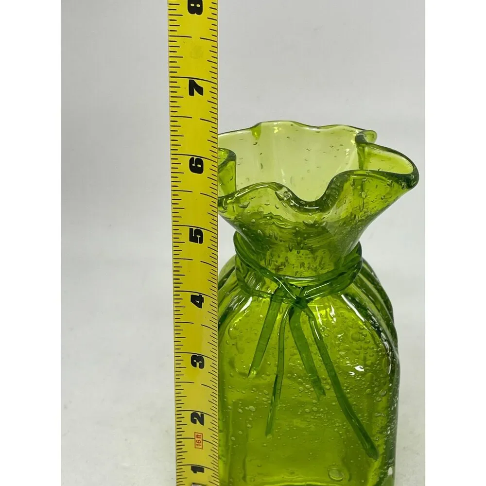 Vintage Art Glass Vase Hand Blown Apple Green Bubble Paper Bag Ribbon Ruffle
